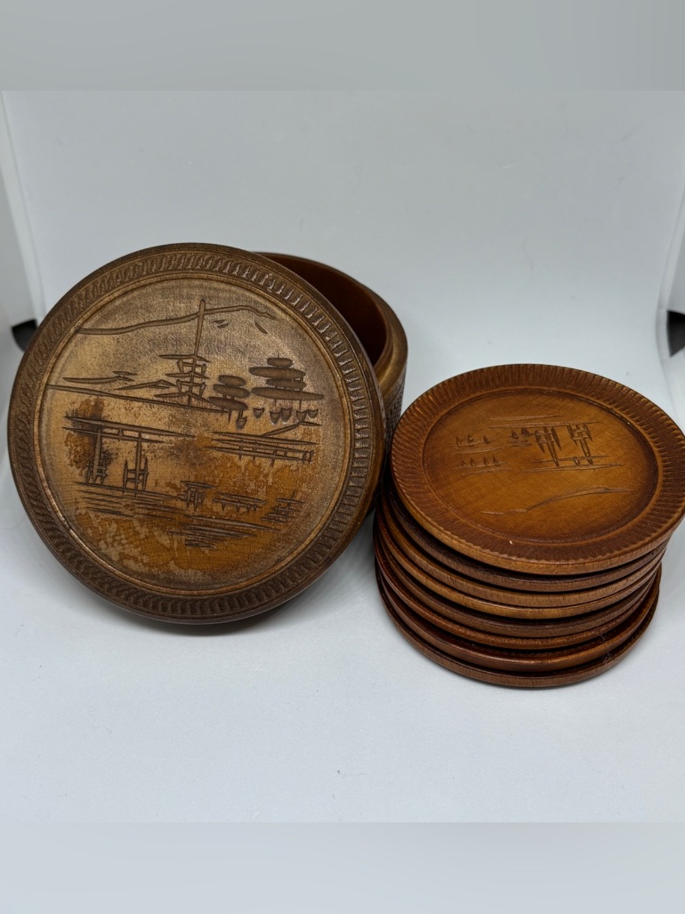 Vintage MCM Wooden Coaster Set with in Case Set of 8 coasters with case & lid